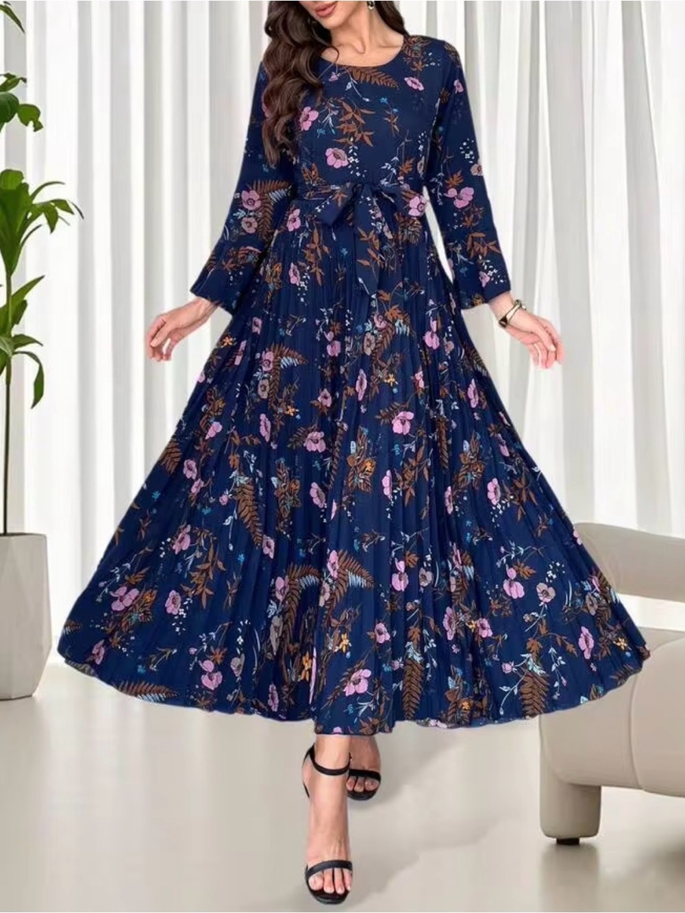 Navy Floral Long Sleeve Pleated Maxi Dress